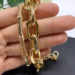2Pcs Set Gold Plated Bamboo Thick Chain Link Chain Charm Bracelet, Gold Color